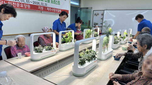 어르신들 10여분이 테이블에 올려진 식물들을 관찰하며 간식 드시는 모습